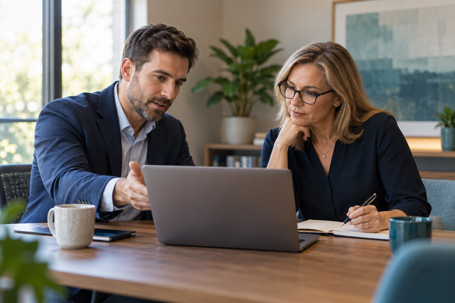 Illustrative scene of a technology advisor and business executive reviewing a plan